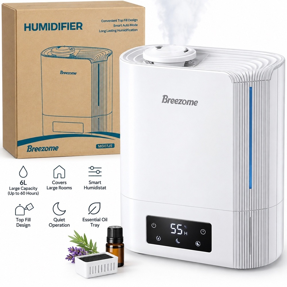 Breezome Humidifier MG07JS 6L Cool Mist Smart Top Fill White Large Room 60H NIB